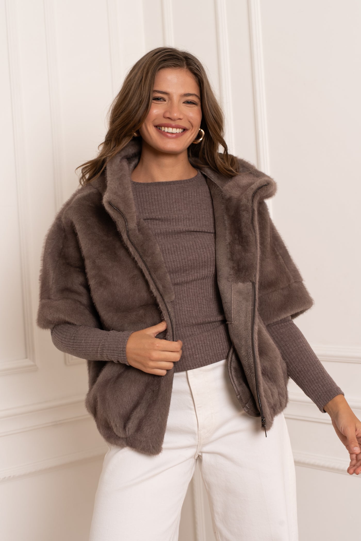 veste en fausse fourrure femme #couleur_taupe