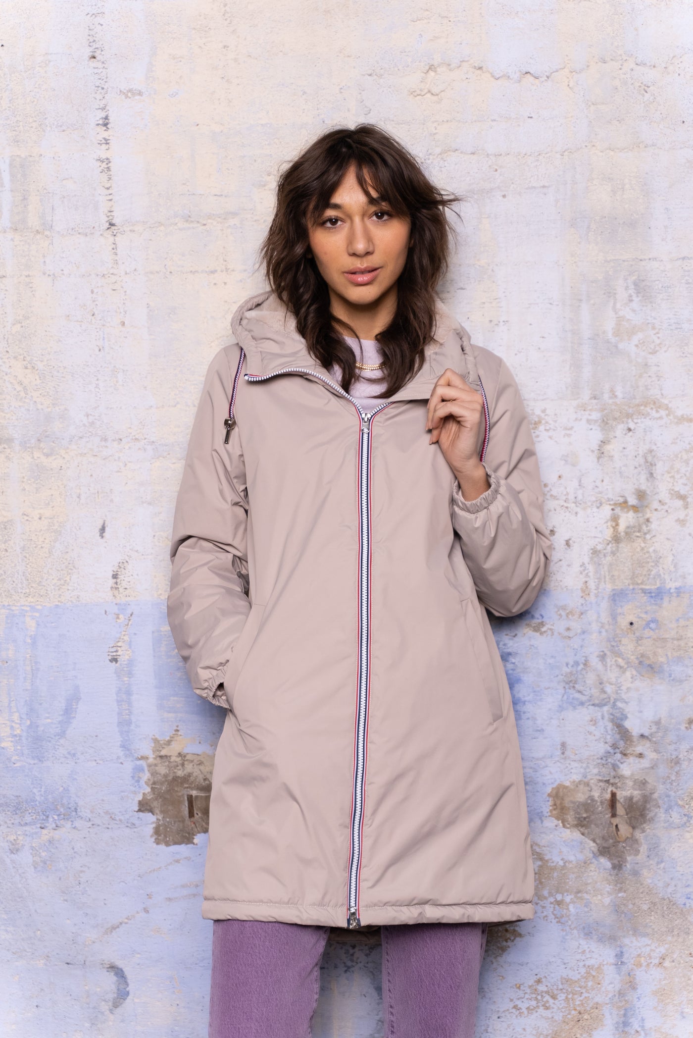 Imperméable fourré long avec cordon