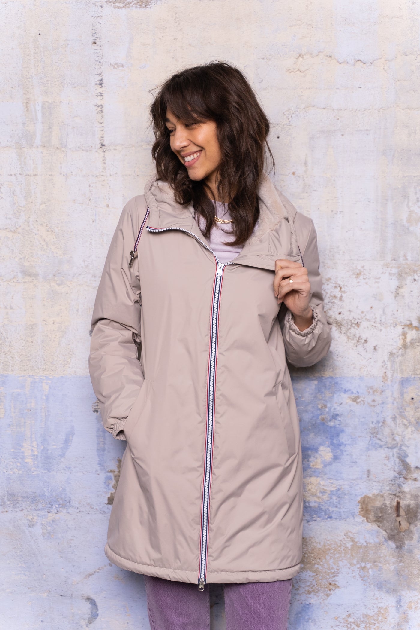 Imperméable fourré long avec cordon